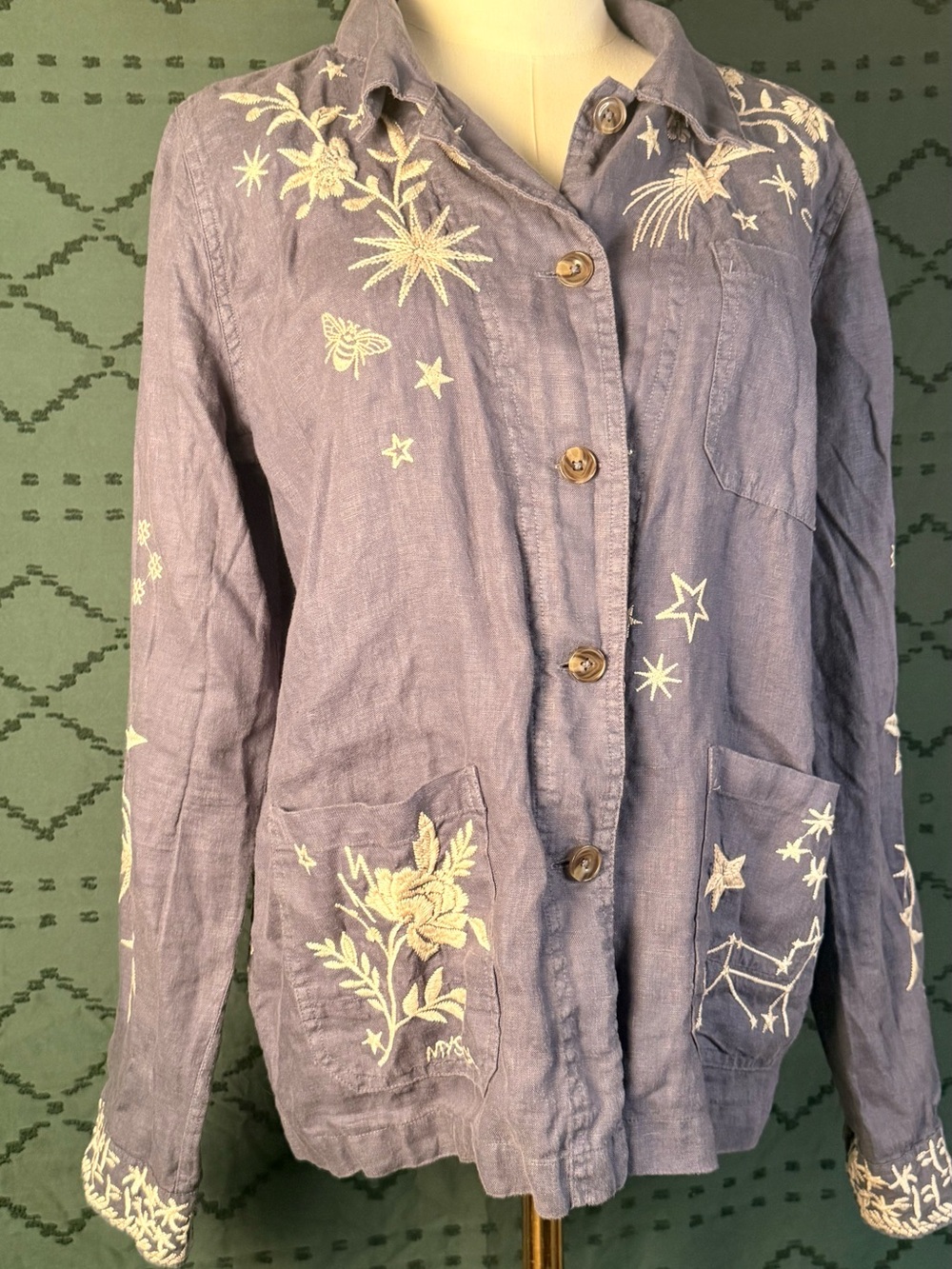 Johnny Was Blue Button-Front Embroidered Shirt Jacket